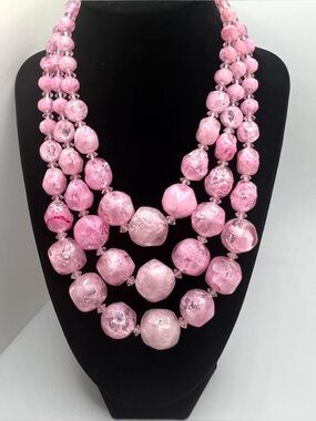 Vintage Carnegie Pink Glass Bead Necklace 3 Strand Chunky Signed Statement